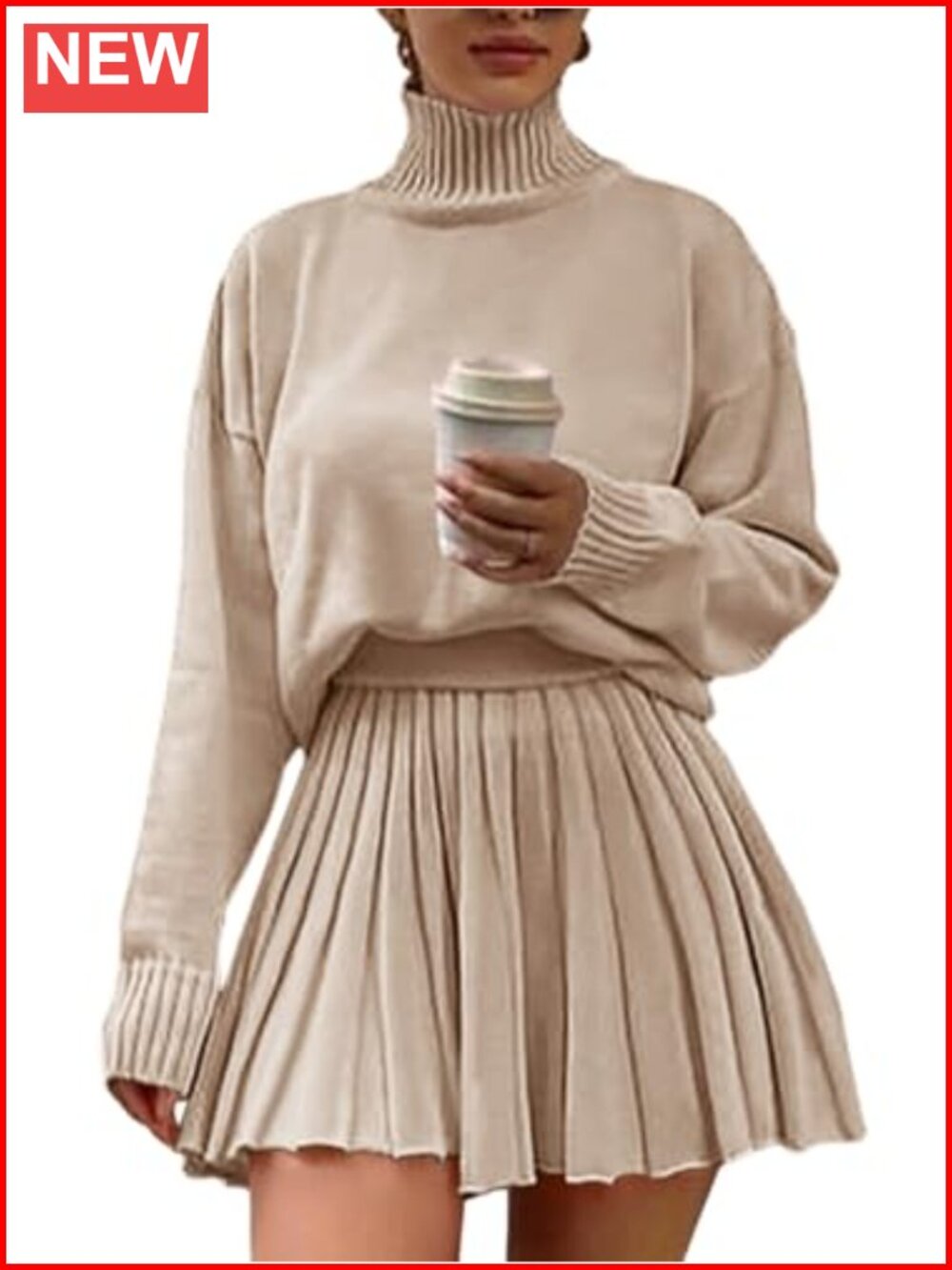 Women's 2 Piece Outfit Turtleneck Sweater & Pleated Skirt Set
